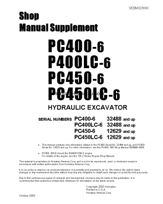 PC450-6(JPN) S/N 12629-UP Shop (repair) manual (English)
