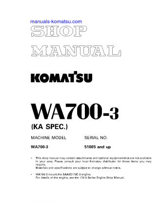 WA700-3(JPN) S/N 51005-UP Shop (repair) manual (English)