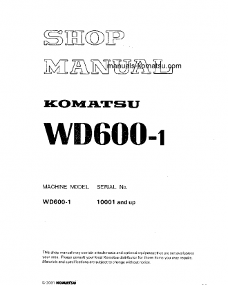 WD600-1(JPN) S/N 10001-UP Shop (repair) manual (English)
