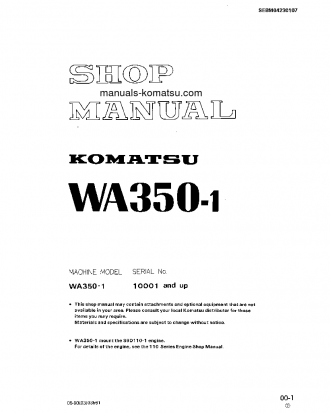 WA350-1(JPN)-FOR N. AMERICA S/N 10001-UP Shop (repair) manual (English)