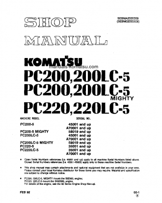 PC220LC-5(USA) S/N A70001-UP Shop (repair) manual (English)