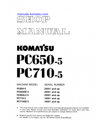 PC650SE-5(JPN) S/N 20001-UP Shop (repair) manual (English)
