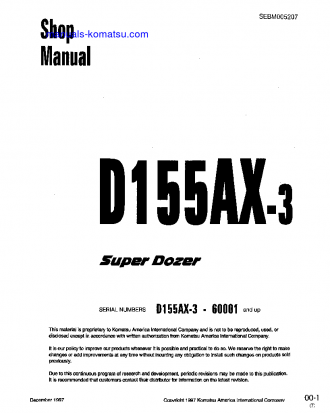 D155AX-3(JPN) S/N 60001-UP Shop (repair) manual (English)