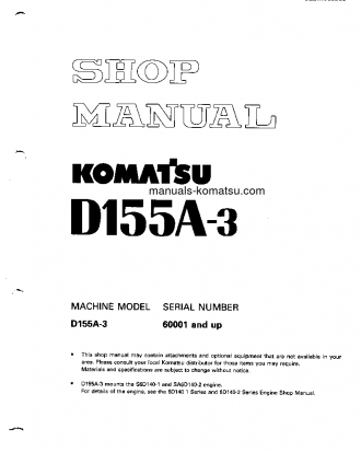 D155A-3(JPN) S/N 60001-UP Shop (repair) manual (English)