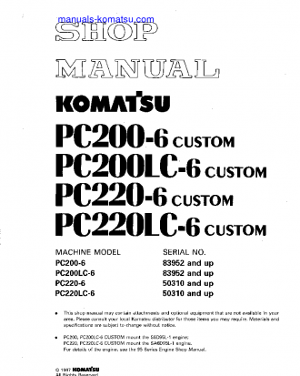 PC220-6(JPN)-CUSTOM S/N 50310-UP Shop (repair) manual (English)