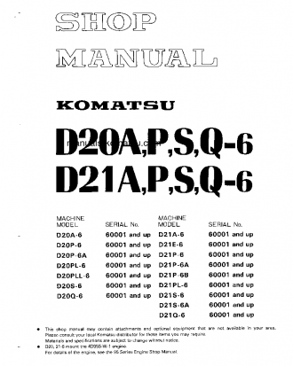 D20A-6(JPN) S/N 60001-UP Shop (repair) manual (English)