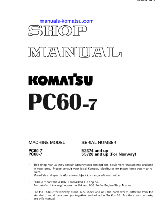 PC60-7(JPN)-W/ FRONT BLADE S/N 52374-UP Shop (repair) manual (English)