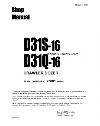 D31S-16(JPN) S/N 25001-UP Shop (repair) manual (English)