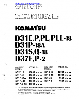 D31PLL-18(JPN) S/N 40001-UP Shop (repair) manual (English)