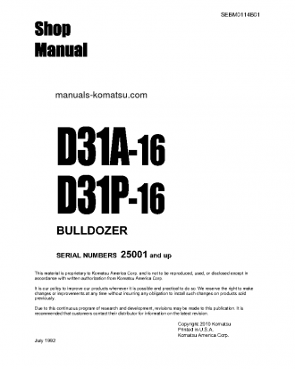 D31A-16(JPN) S/N 25001-UP Shop (repair) manual (English)