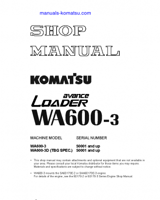 WA600-3(JPN)-TBG S/N 50001-UP Shop (repair) manual (English)