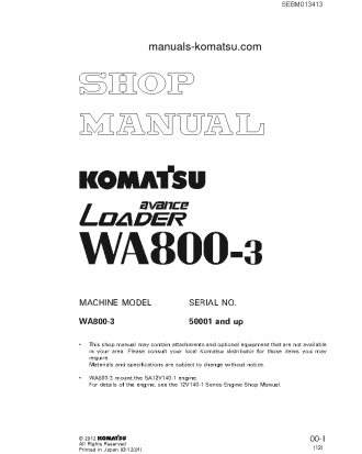 WA800-3(JPN) S/N 50001-UP Shop (repair) manual (English)