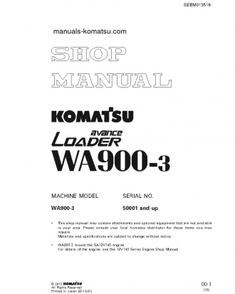 WA900-3(JPN) S/N 50001-UP Shop (repair) manual (English)