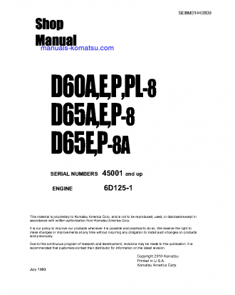 D65A-8(JPN) S/N 45001-UP Shop (repair) manual (English)