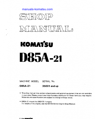 D85A-21(JPN)-B S/N 35001-UP Shop (repair) manual (English)
