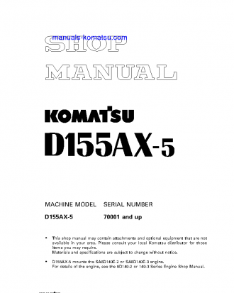 D155AX-5(JPN) S/N 70001-76000 Shop (repair) manual (English)