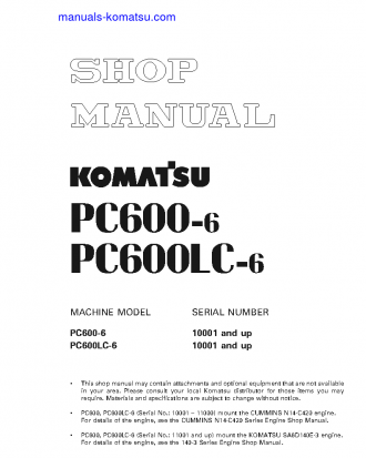 PC600LC-6(JPN) S/N 10001-UP Shop (repair) manual (English)