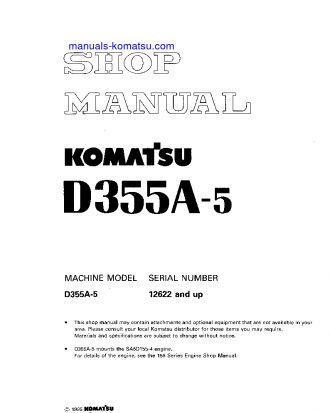 D355A-5(JPN) S/N 12622-UP Shop (repair) manual (English)