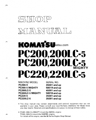 PC200LC-5(JPN)-MIGHTY S/N 58019-UP Shop (repair) manual (English)