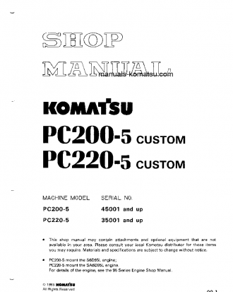 PC200-5(JPN)-CUSTOM S/N 45001-UP Shop (repair) manual (English)