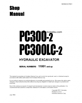 PC300LC-2(JPN) S/N 11001-UP Shop (repair) manual (English)