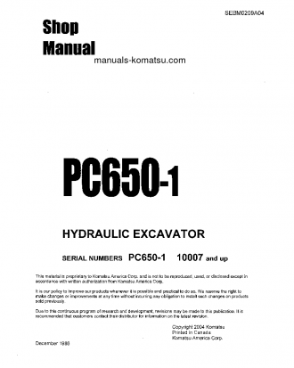 PC650-1(JPN) S/N 10007-UP Shop (repair) manual (English)