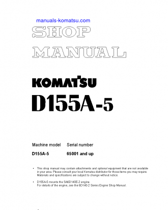 D155A-5(JPN) S/N 65001-UP Shop (repair) manual (English)