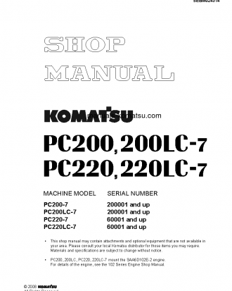 PC200-7(JPN) S/N 200001-UP Shop (repair) manual (English)
