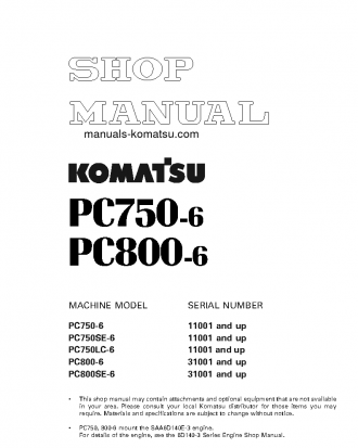 PC750-6(JPN)-MINOR CHANGE S/N 11001-UP Shop (repair) manual (English)
