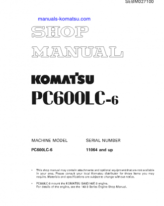 PC600LC-6(JPN)--50C DEGREE FOR CANADA S/N 11064-UP Shop (repair) manual (English)