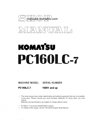 PC160LC-7(JPN)-FOR N. AMERICA S/N 10001-UP Shop (repair) manual (English)