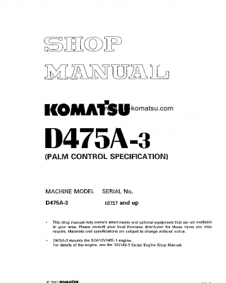 D475A-3(JPN)-SUPER DOZER S/N 10727-UP Shop (repair) manual (English)