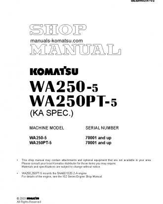 WA250PT-5(JPN)-FOR USA S/N 70001-UP Shop (repair) manual (English)