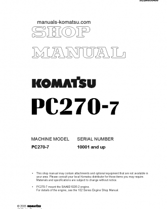 PC270-7(JPN) S/N 10001-UP Shop (repair) manual (English)