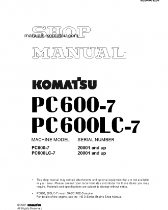PC600LC-7(JPN) S/N 20001-UP Shop (repair) manual (English)