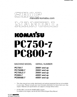 PC750LC-7(JPN) S/N 20001-UP Shop (repair) manual (English)
