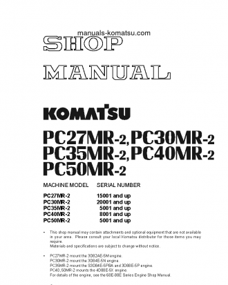 PC27MR-2(JPN)-FOR CANOPY S/N 15001-UP Shop (repair) manual (English)