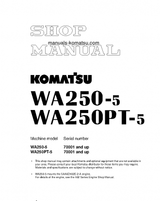 WA250PT-5(JPN) S/N 70001-UP Shop (repair) manual (English)