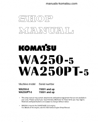 WA250L-5(JPN) S/N 70001-UP Shop (repair) manual (English)