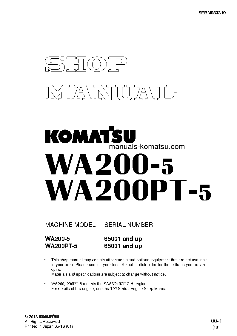 WA200L-5(JPN) S/N 65001-UP Shop (repair) manual (English)