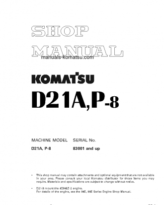 D21A-8(JPN)-TRIMMING DOZER, FOR CHINA S/N 84104-UP Shop (repair) manual (English)