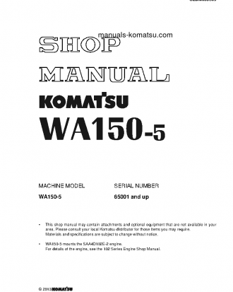 WA150-5(JPN)-FOR CAB S/N 65001-UP Shop (repair) manual (English)