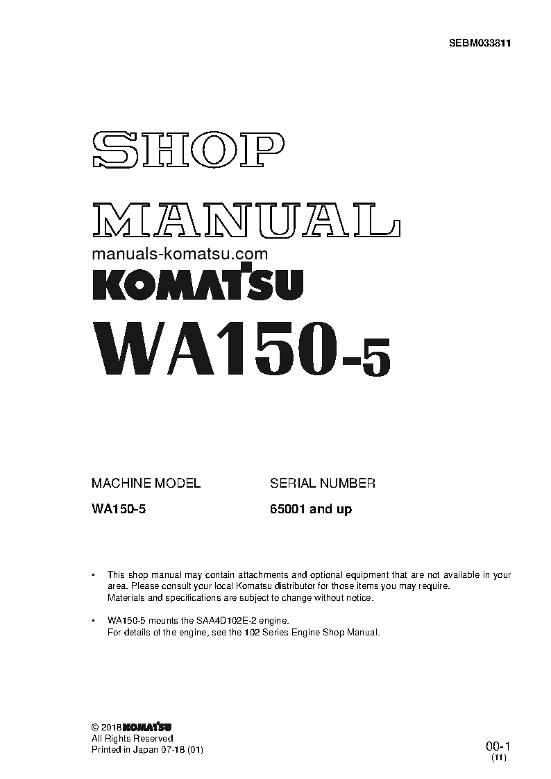 WA150L-5(JPN) S/N 65001-UP Shop (repair) manual (English)