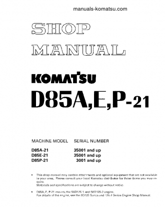 D85E-21(JPN) S/N 35001-UP Shop (repair) manual (English)