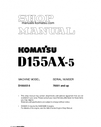 D155AX-5(JPN)-MINOR CHANGE S/N 76001-UP Shop (repair) manual (English)