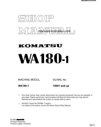 WA180-1(JPN) S/N 10001-UP Shop (repair) manual (English)