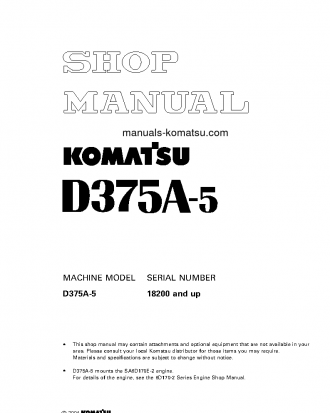 D375A-5(JPN)--50C DEGREE S/N 18200-UP Shop (repair) manual (English)