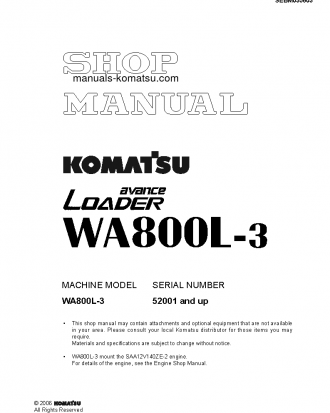WA800L-3(JPN) S/N 52001-UP Shop (repair) manual (English)