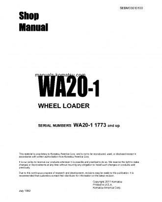 WA20-1(JPN) S/N 1773-UP Shop (repair) manual (English)
