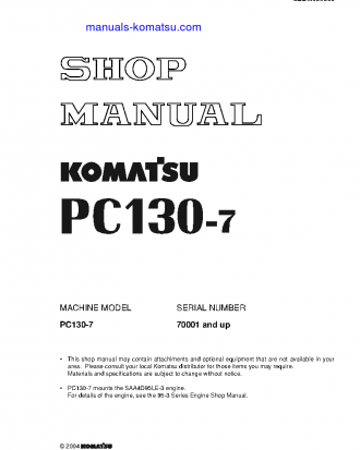 PC130-7(JPN)-FOR KAL S/N 70001-UP Shop (repair) manual (English)
